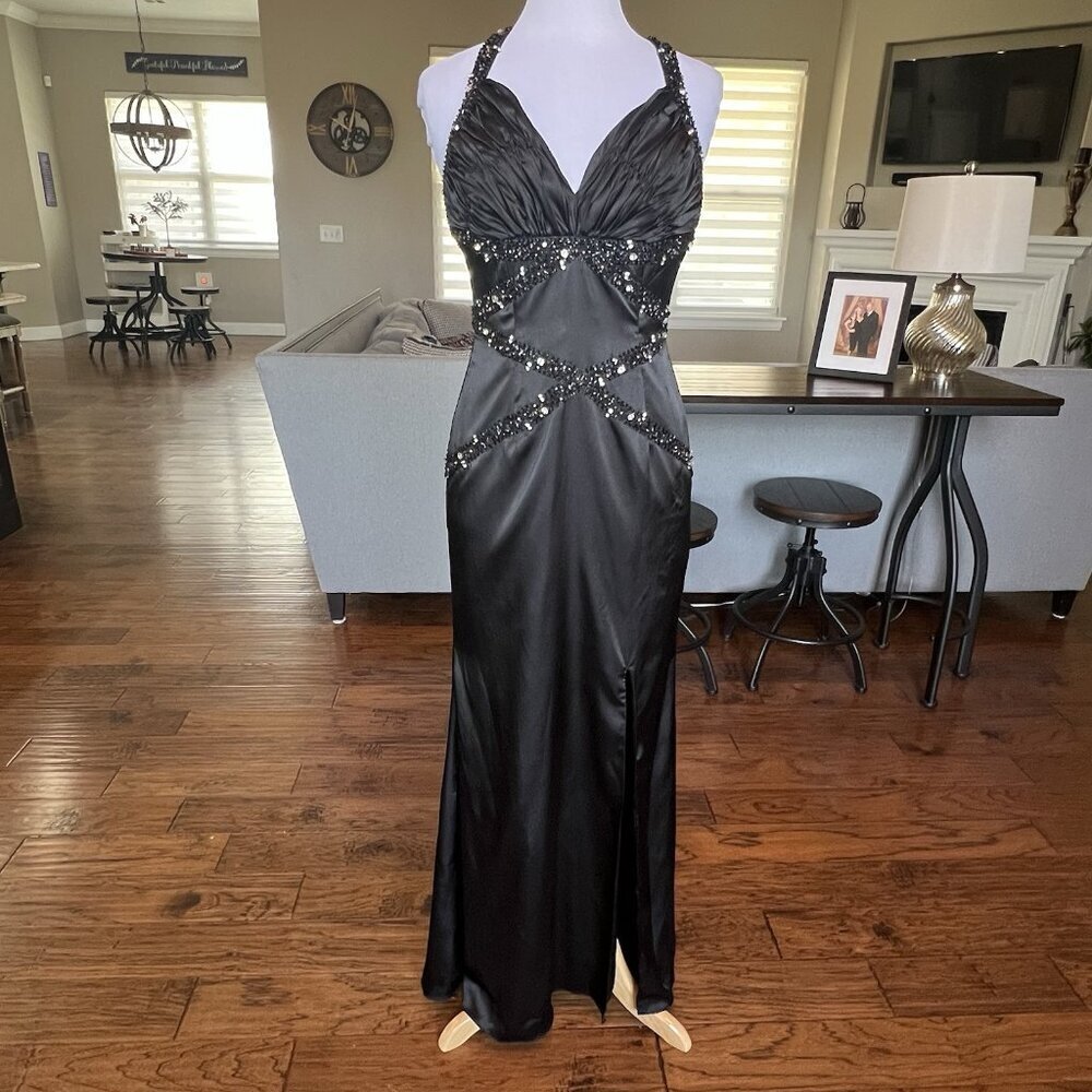 Studio 17 Black Formal Gown Size 10 Prom Fitted Satin Sequins Low Back VTG Y2K